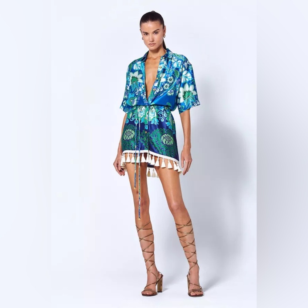 Alexis Emotion Tunic Button Down Dress in Blu Blossom Floral Tassel XS